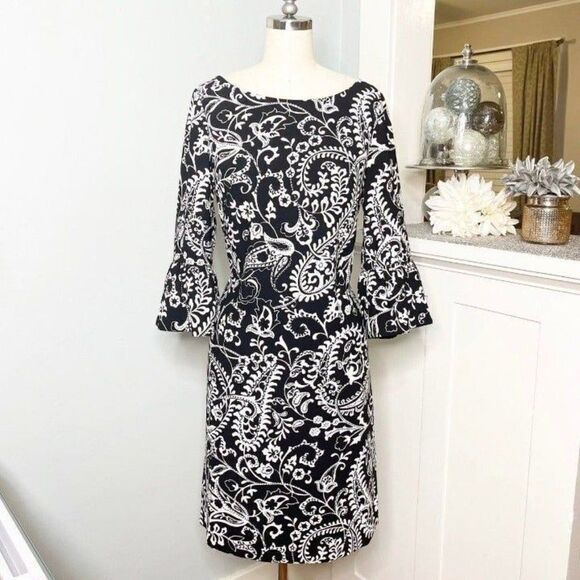 Talbots Black & White Floral Flounce Sleeve Shift Dress 4 Small - Picture 3 of 12